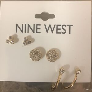 Nine‎ West 3-pair Gold Tone Stud C Hoop Earrings Nickel Safe NEW
